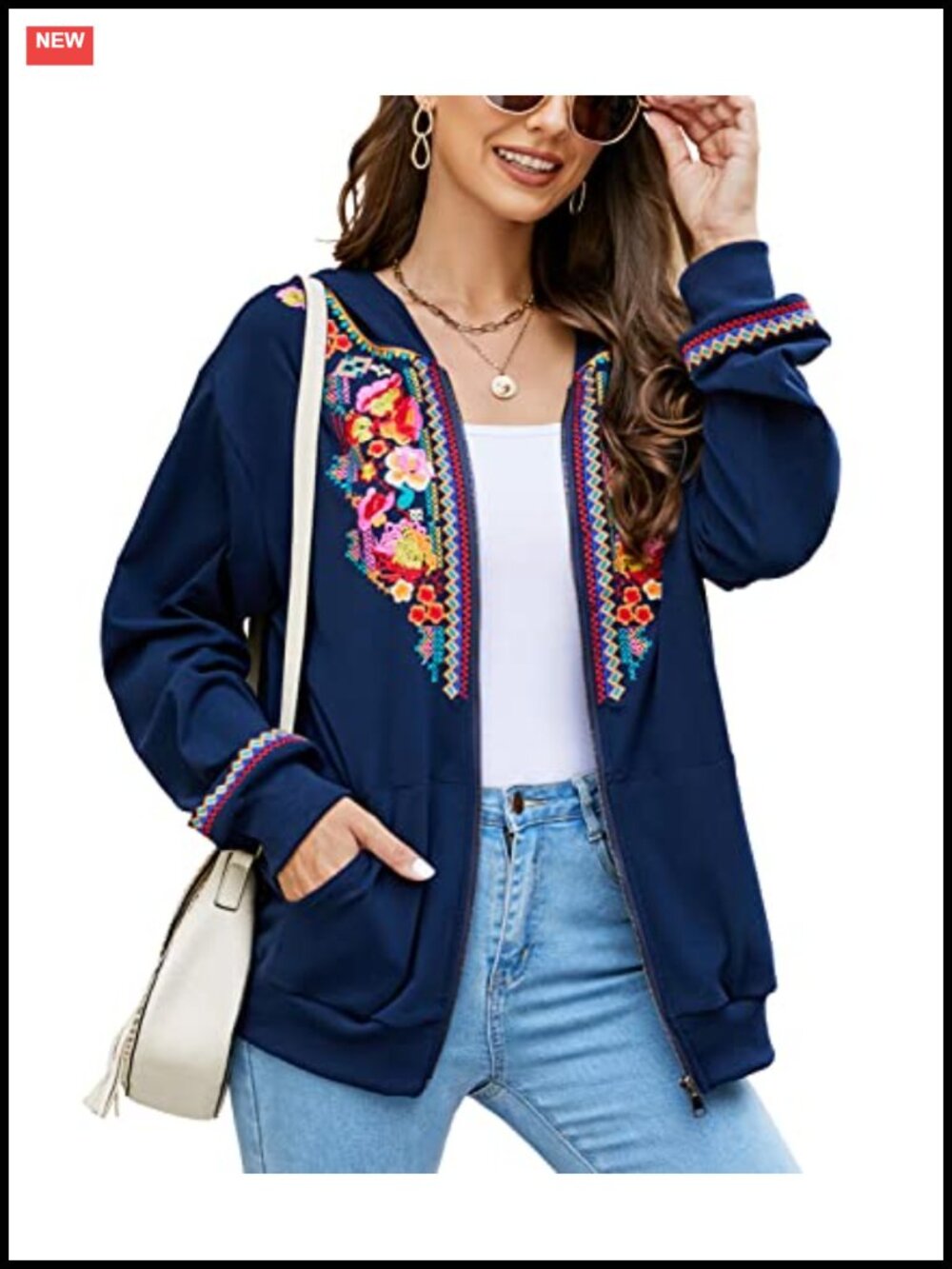 Women's Floral Embroidered Zip Up Hoodie Jacket Cotton Long Sleeve